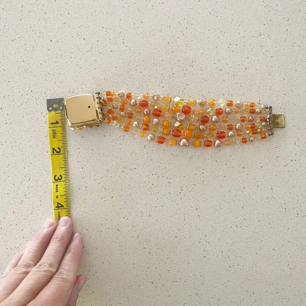Braclet Orange Confetti Beaded 1950s 1960s Brass Color Clasp Cuff Layered‎